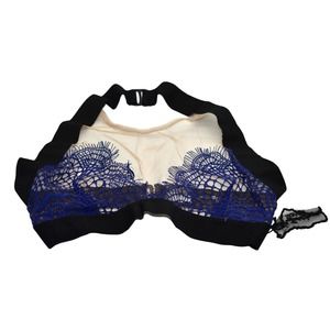 A4 NEW FOR LOVE & LEMONS Skivvies Nude Mesh Navy Lace Black Trim Bra Size XS